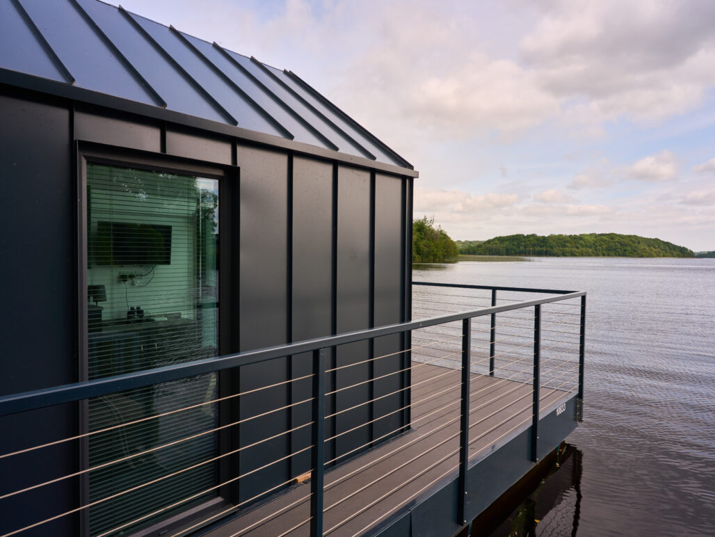 Close up of exterior metal cladding of C250 houseboat on a lake in Fermanagh with stunning view