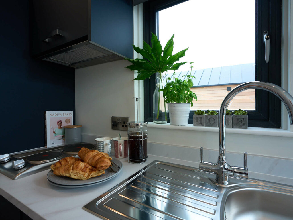 Kitchen of C250 houseboat showing hob and sink with some croissants and coffee and a window with plants in it
