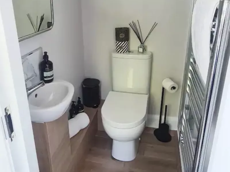 Bathroom with toilet, wash hand basin shower and towel radiator
