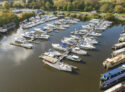 R500 houseboat in Chertsey marina aerial view